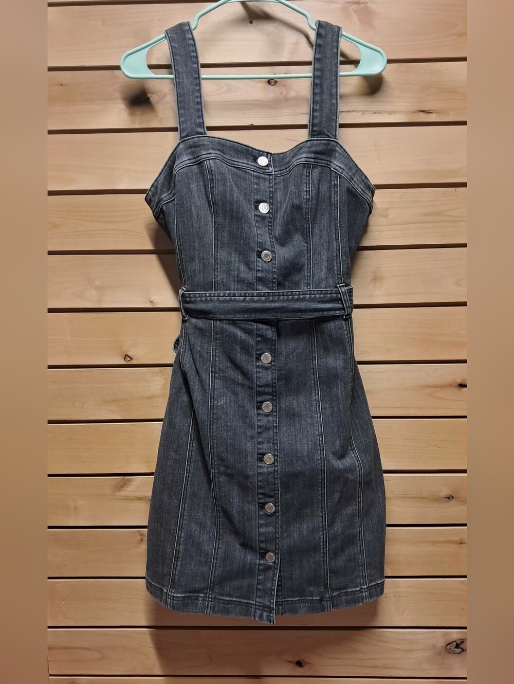 White House Black Market Button Front Belted Denim Mini Dress Black Wash Size 8